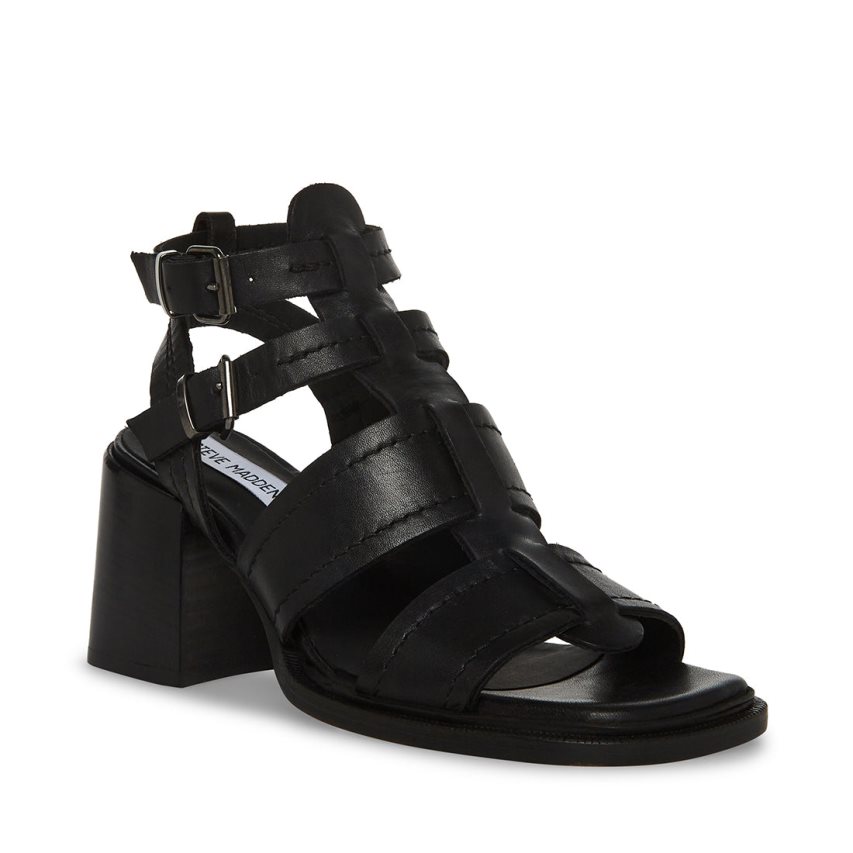 Black Steve Madden Angelene Leather Women's Heels Sandals | PH 9786QBA